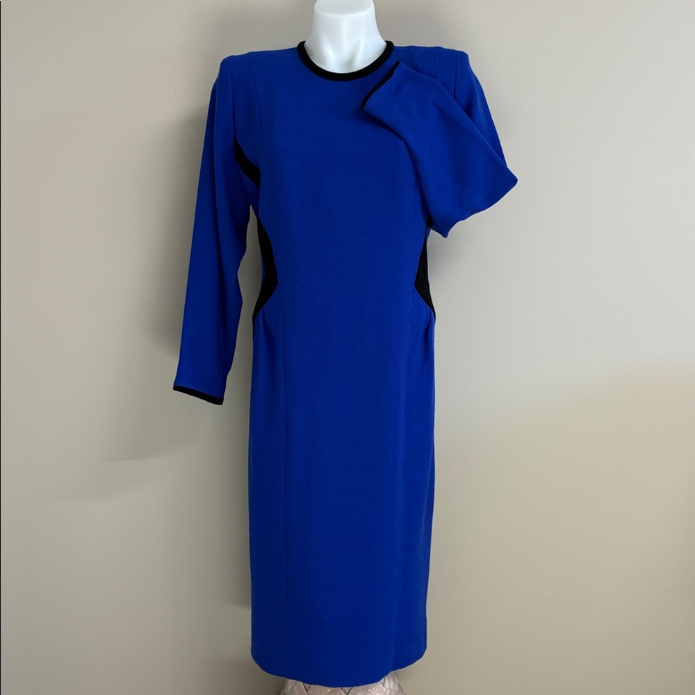 Elegant Blue Long Sleeve Dress; 100% Wool Crepe Midi Sheath Dress; Lined; Sz:16